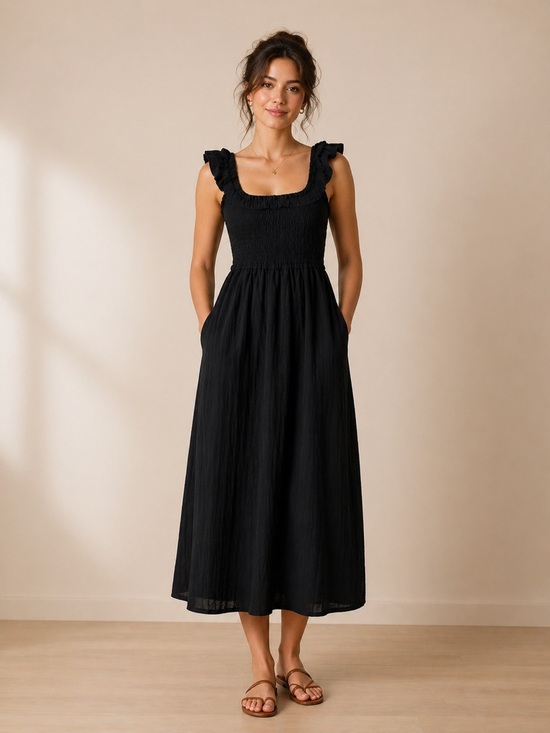 American Eagle Outfitters Dresses & Skirts - American Eagle Black Smocked Midi Dress with Flutter Sleeves / Solid Black
